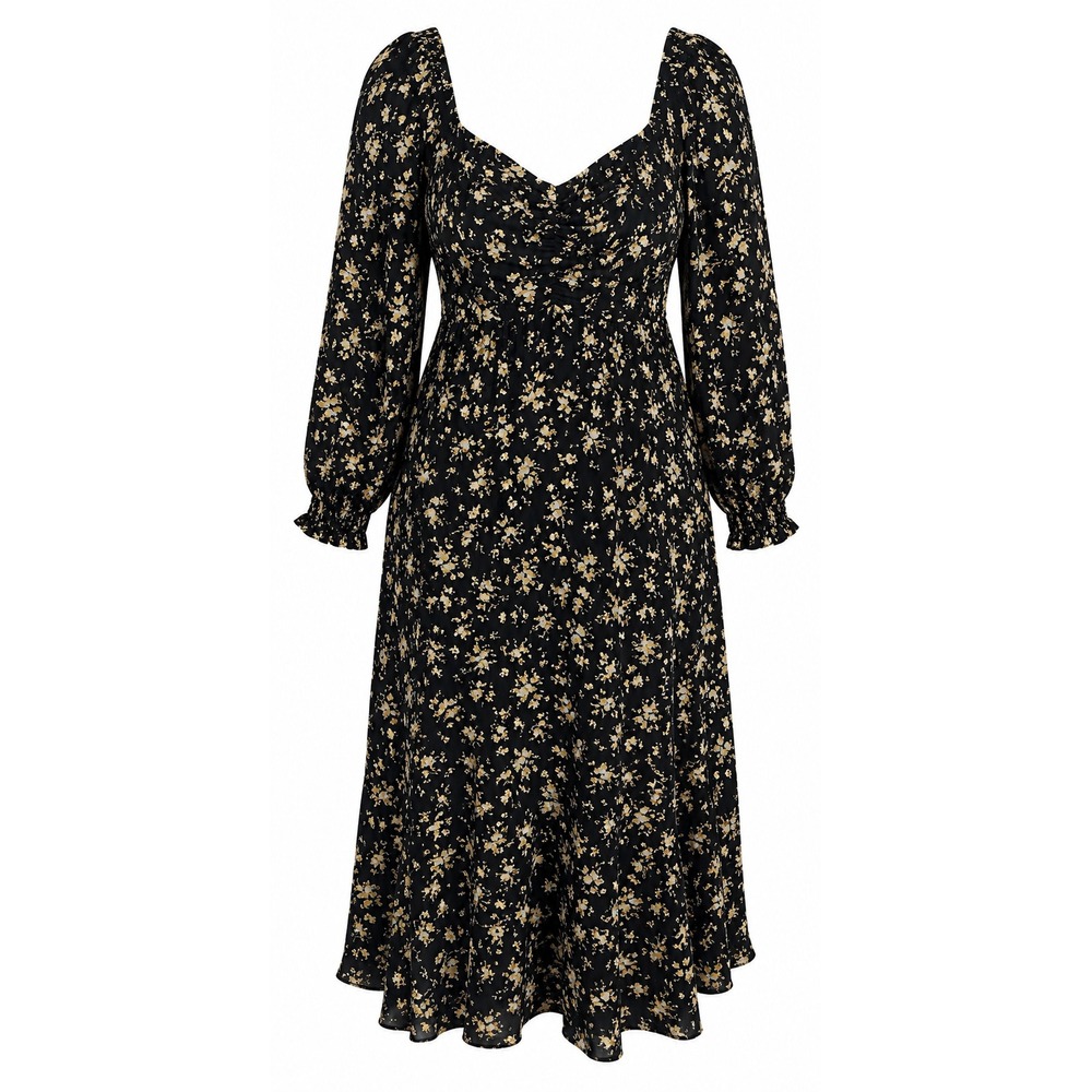 Boho Plus Size Maxi Dress Black Floral Long Sleeve Cottagecore Romantic